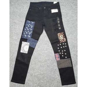 Rue21 Jeans Mens 32X32 Black Denim Supreme Flex Skinny Distressed Patches New